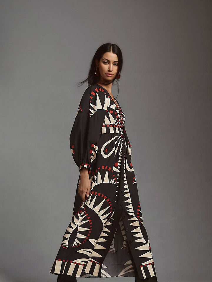 Black Placement Tribal Print Shirt Maxi Dress