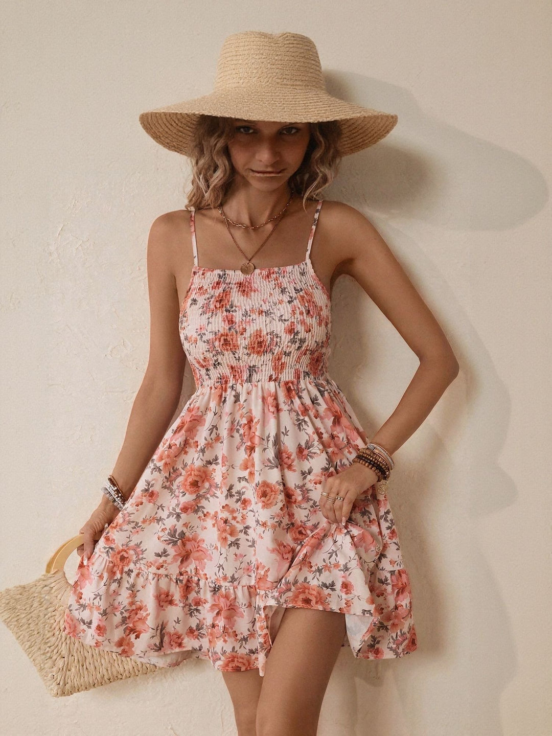 Pink Floral Printed Smocked Dress