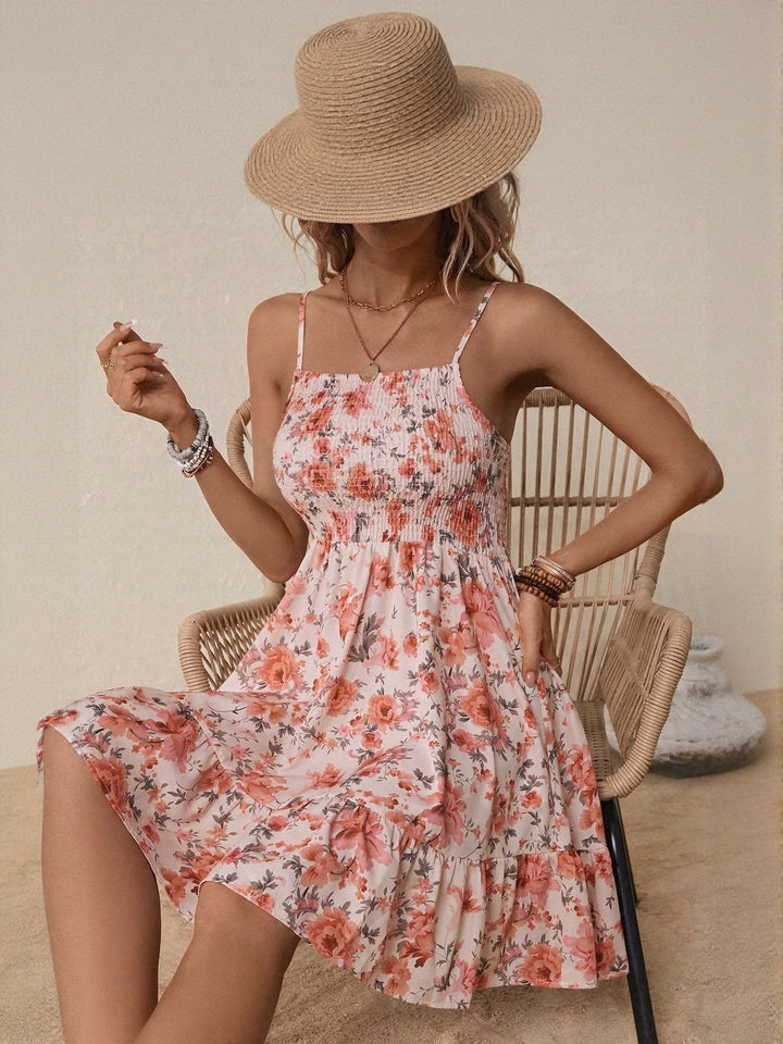 Pink Floral Printed Smocked Dress