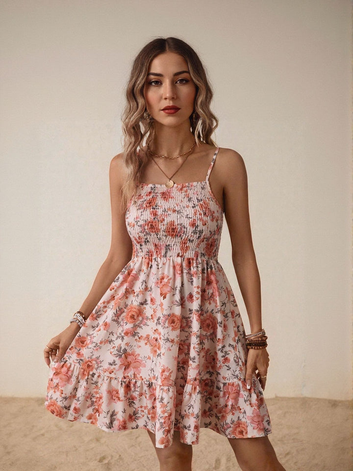 Pink Floral Printed Smocked Dress