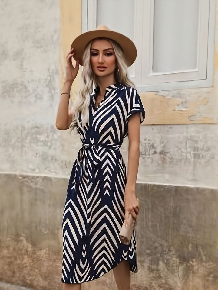 Navy Blue Mandarin Collared Dress With Belt