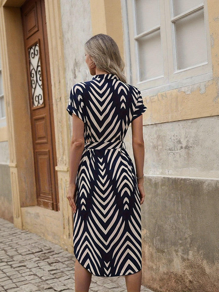 Navy Blue Mandarin Collared Dress With Belt