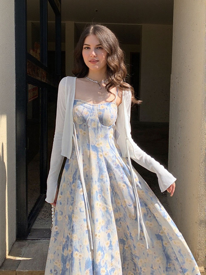Blue Strappy Floral Printed Dress