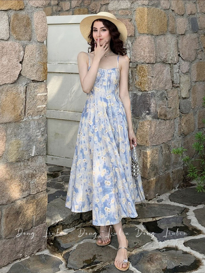 Blue Strappy Floral Printed Dress