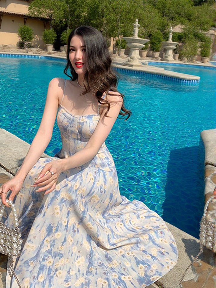 Blue Strappy Floral Printed Dress