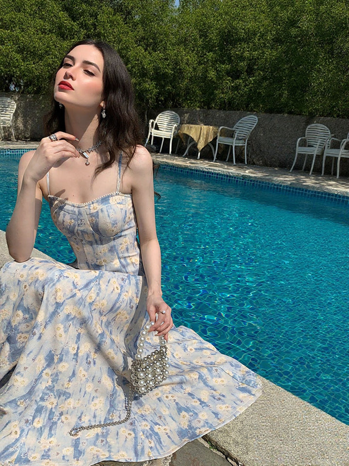 Blue Strappy Floral Printed Dress