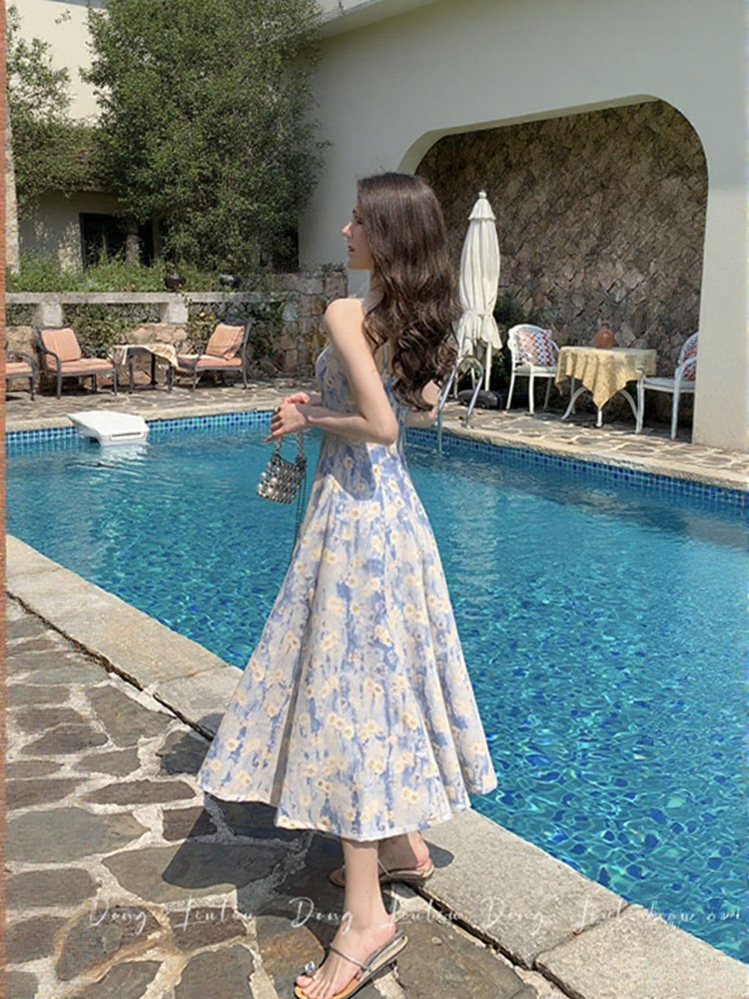 Blue Strappy Floral Printed Dress