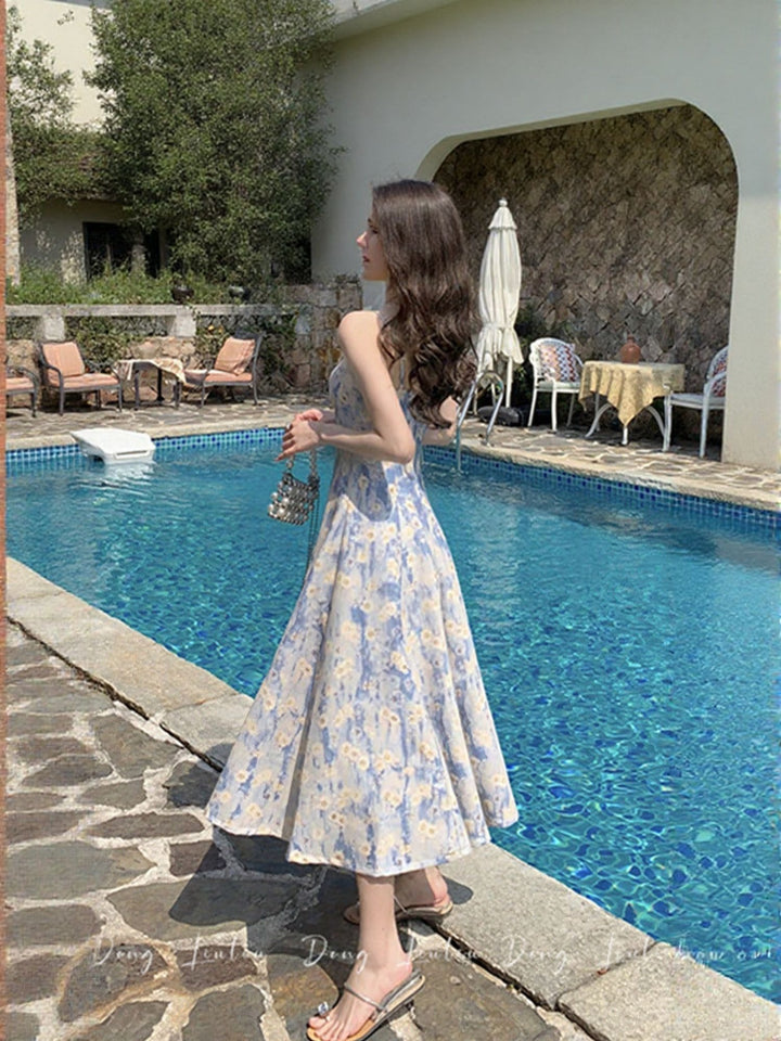 Blue Strappy Floral Printed Dress