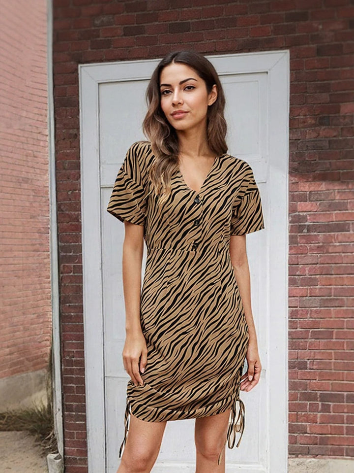 Brown Animal Printed V Neck Dress