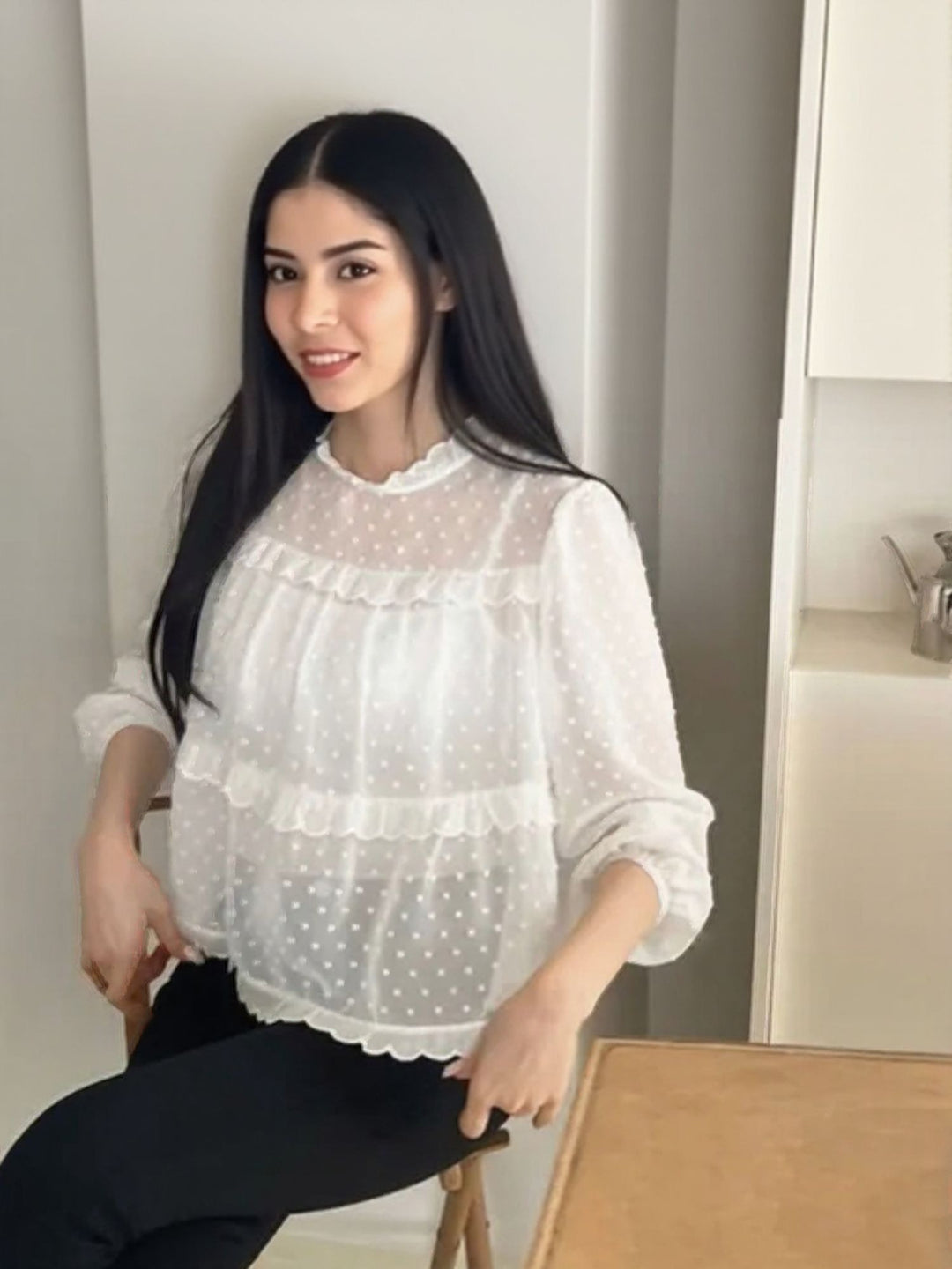 White Textured Sheer Blouse
