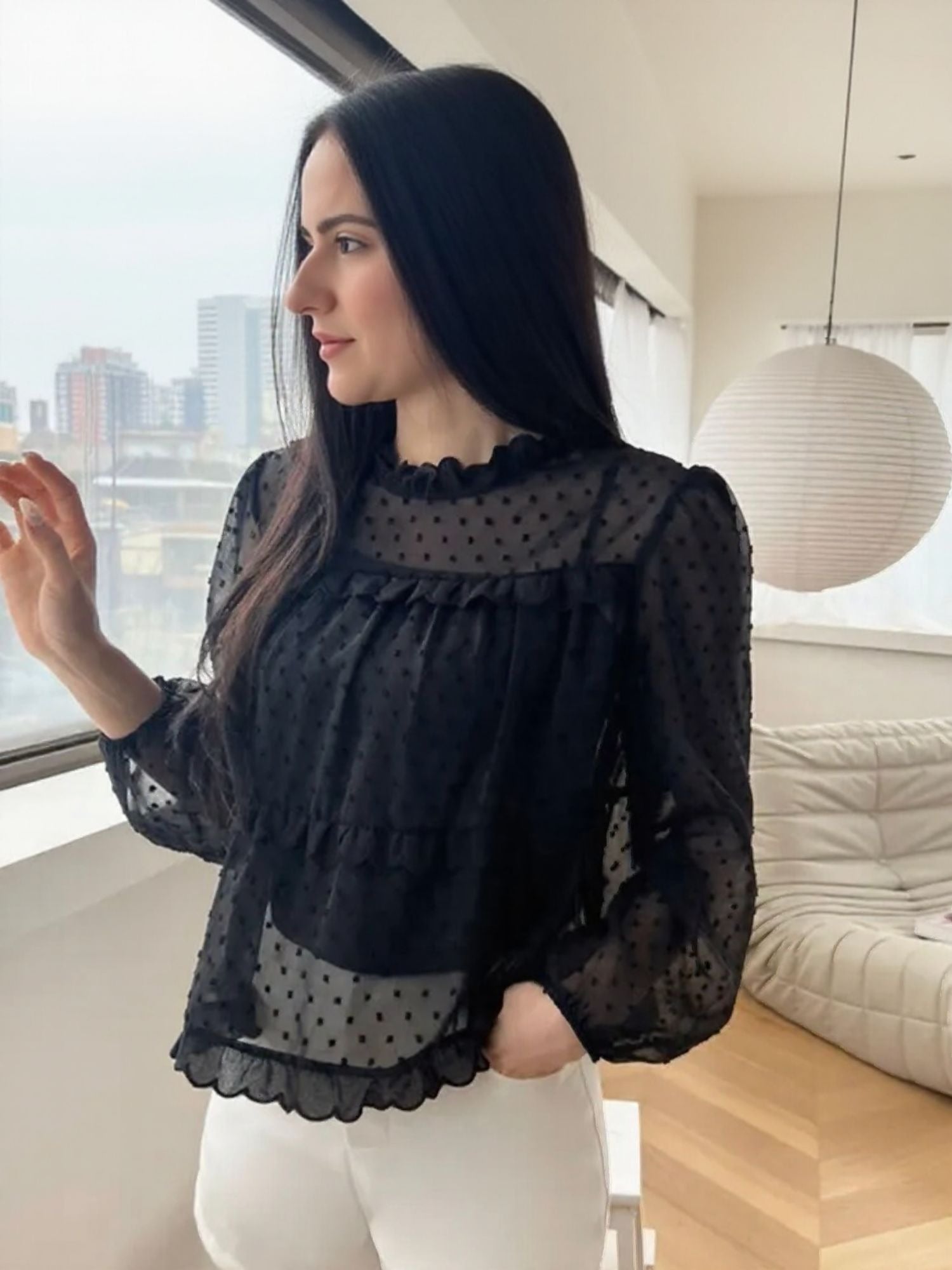 Black Textured Sheer Blouse