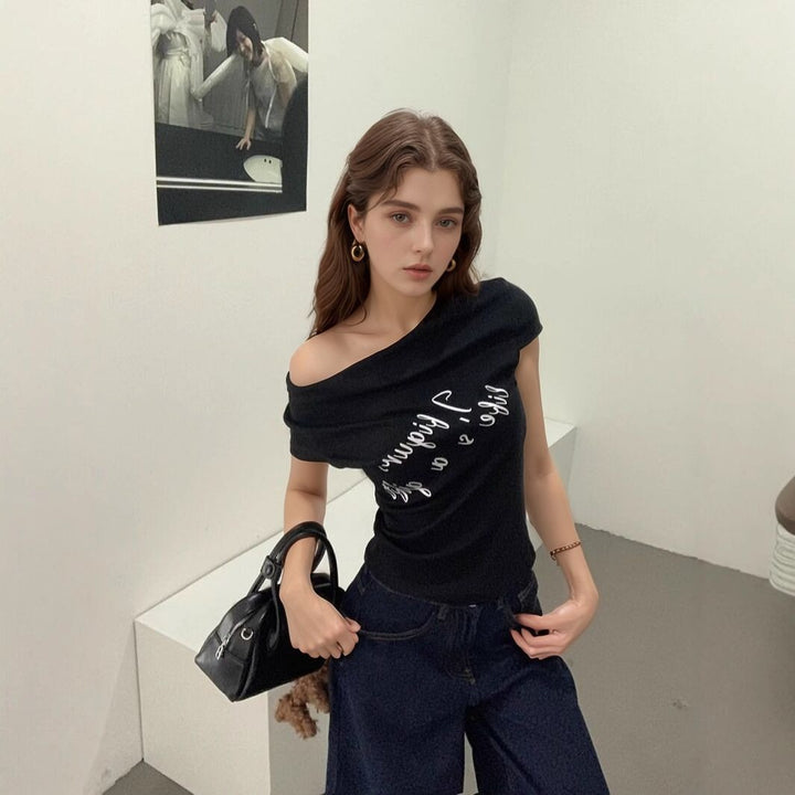 Black One Shoulder Graphic Print T-Shirt