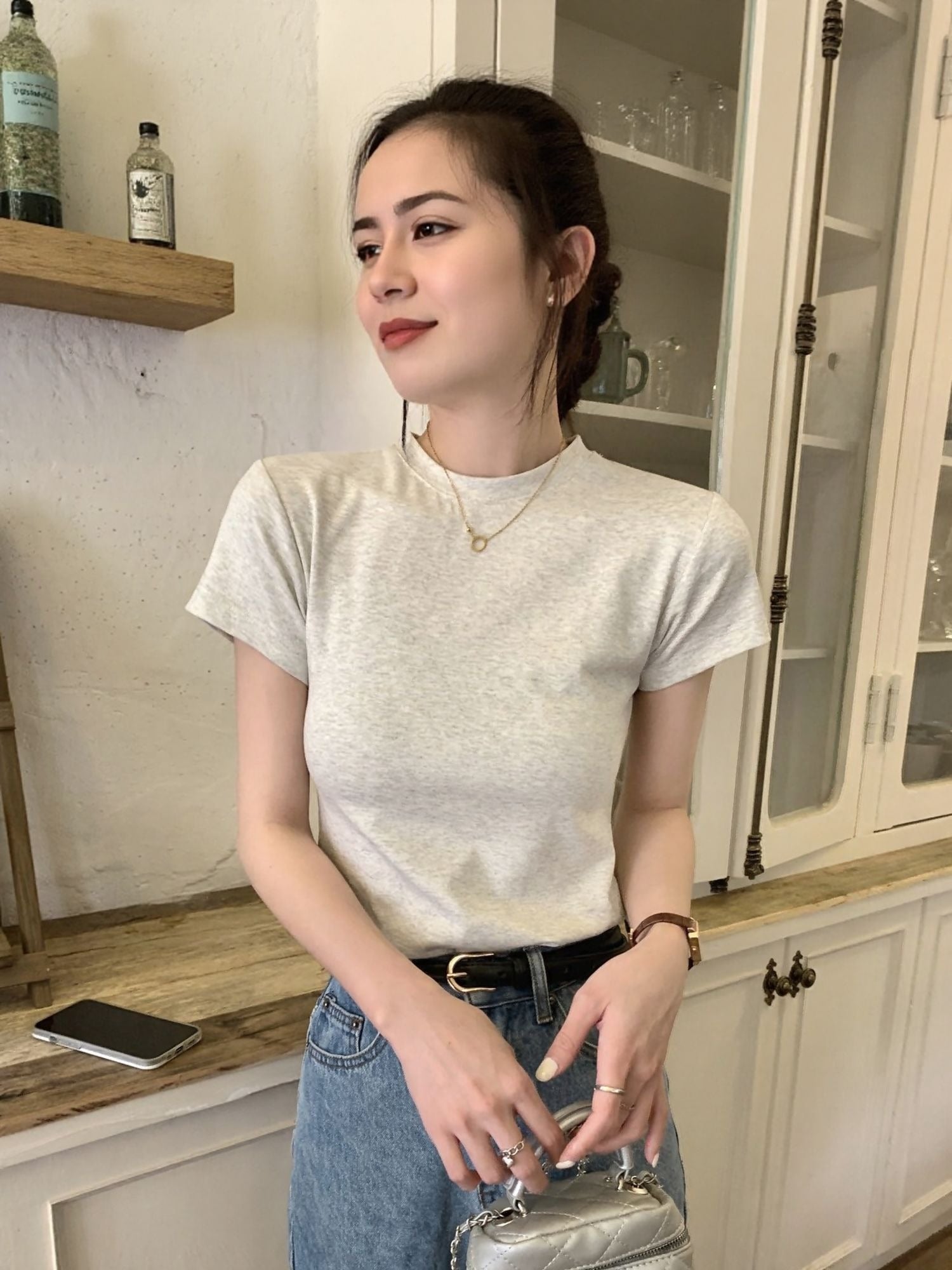 Grey High Neck Relaxed Fit Tshirt