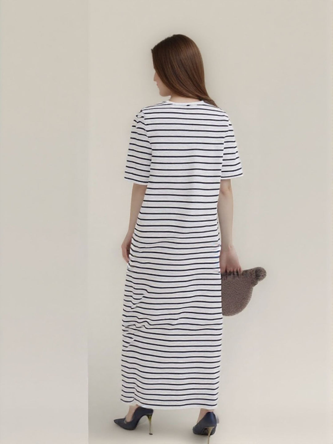White Stripe Half Sleeves Maxi Dress