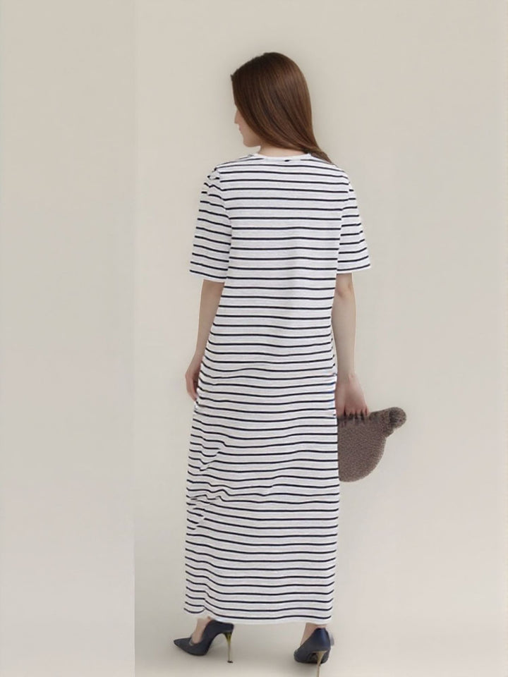 White Stripe Half Sleeves Maxi Dress