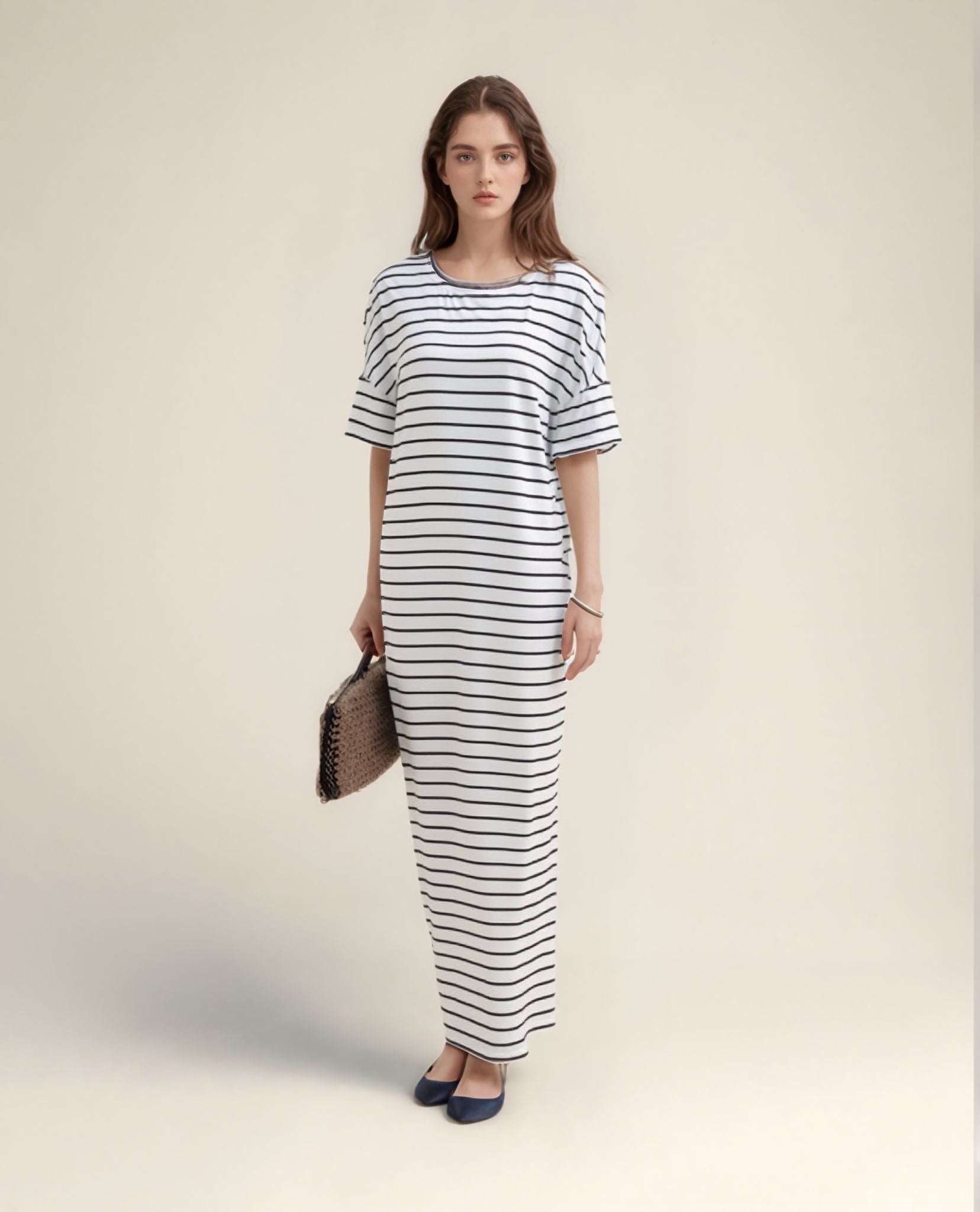 White Stripe Half Sleeves Maxi Dress