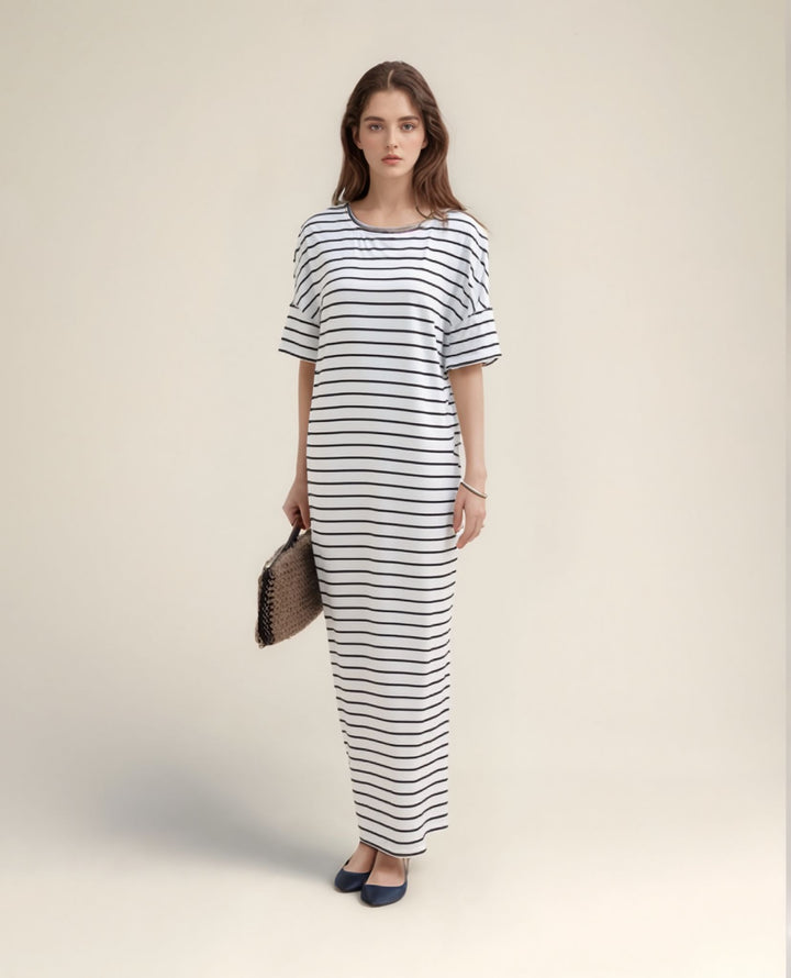 White Stripe Half Sleeves Maxi Dress