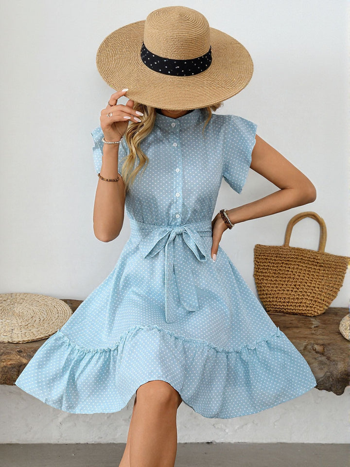 Blue Button Down Dress With Tie Up