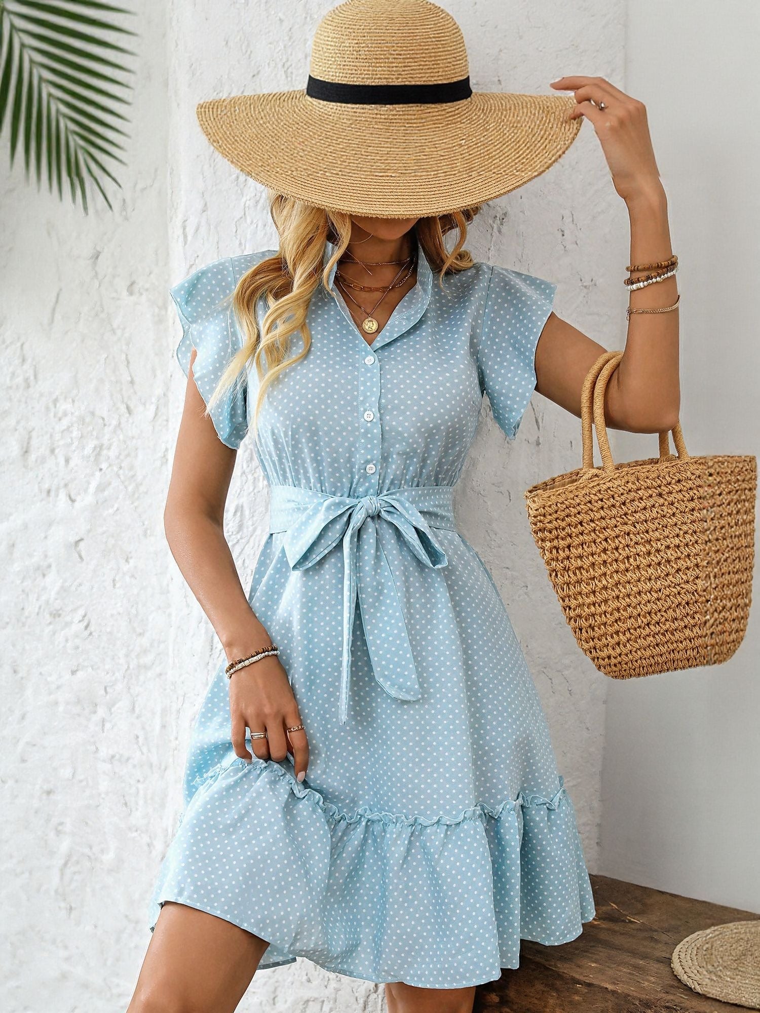 Blue Button Down Dress With Tie Up