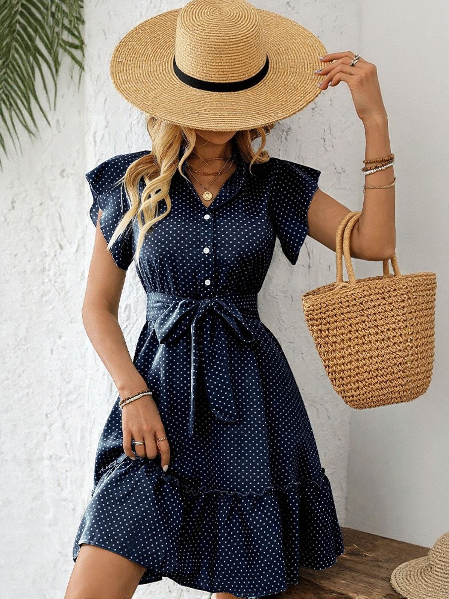 Navy Blue Button Down Dress With Tie Up