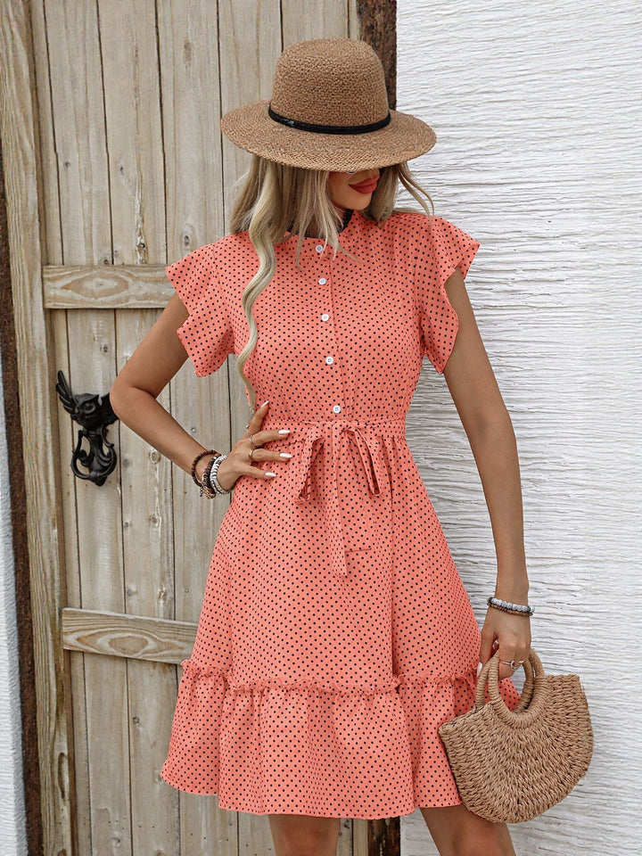 Orange Button Down Dress With Tie Up
