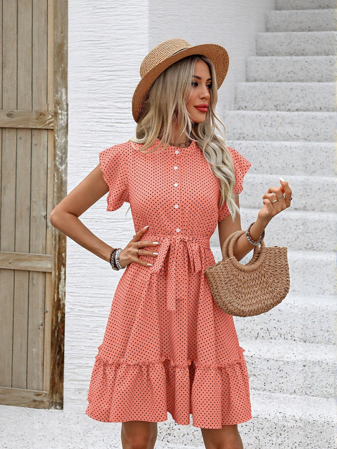 Orange Button Down Dress With Tie Up