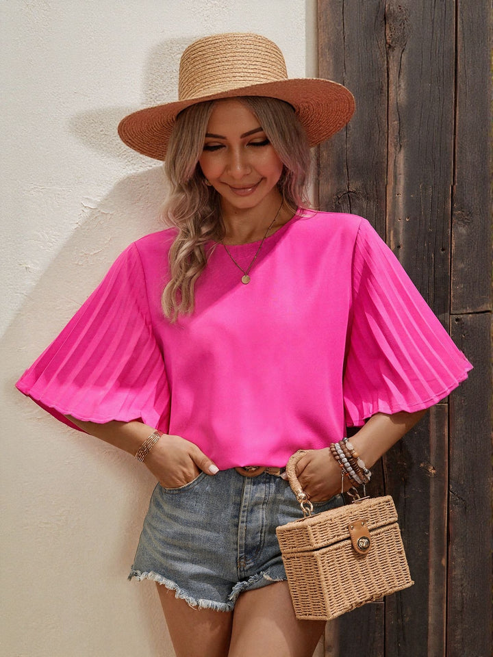 Pink Pleated Sleeve Relaxed Top