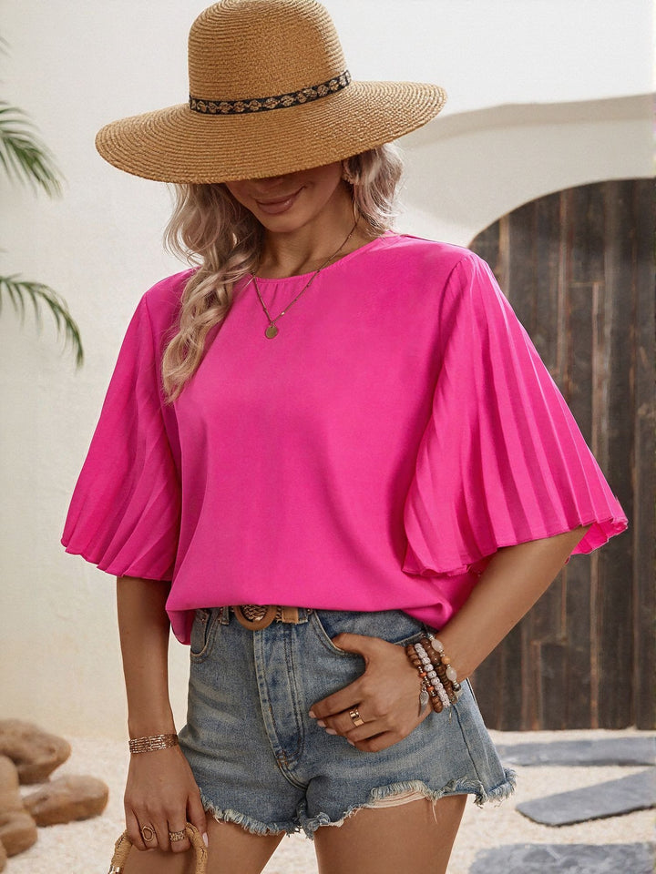 Pink Pleated Sleeve Relaxed Top