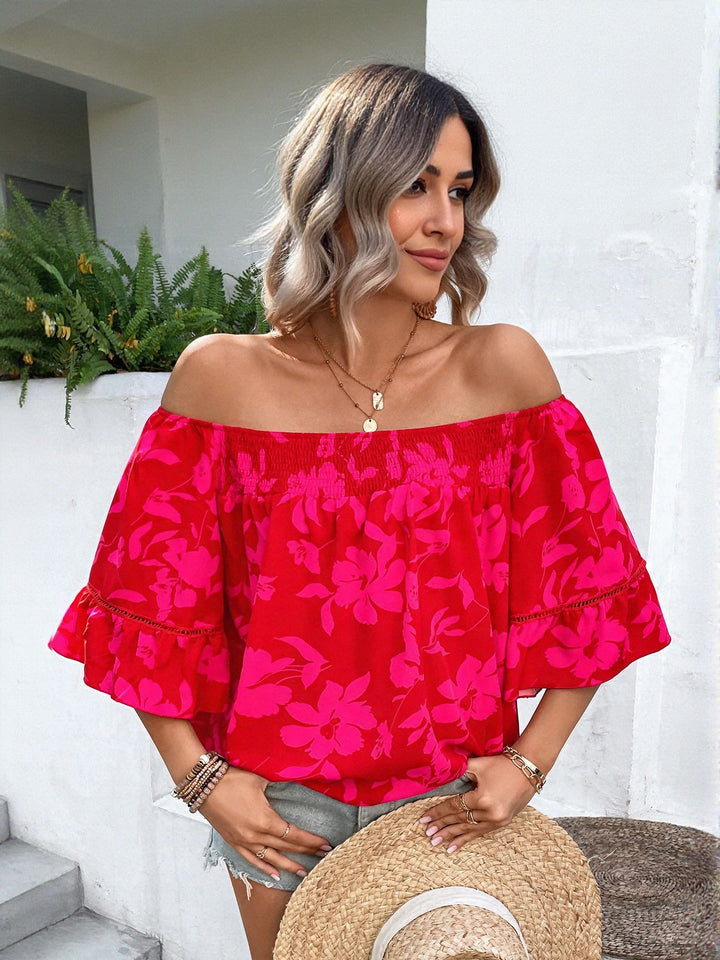 Red Off Shoulder Floral Print Top