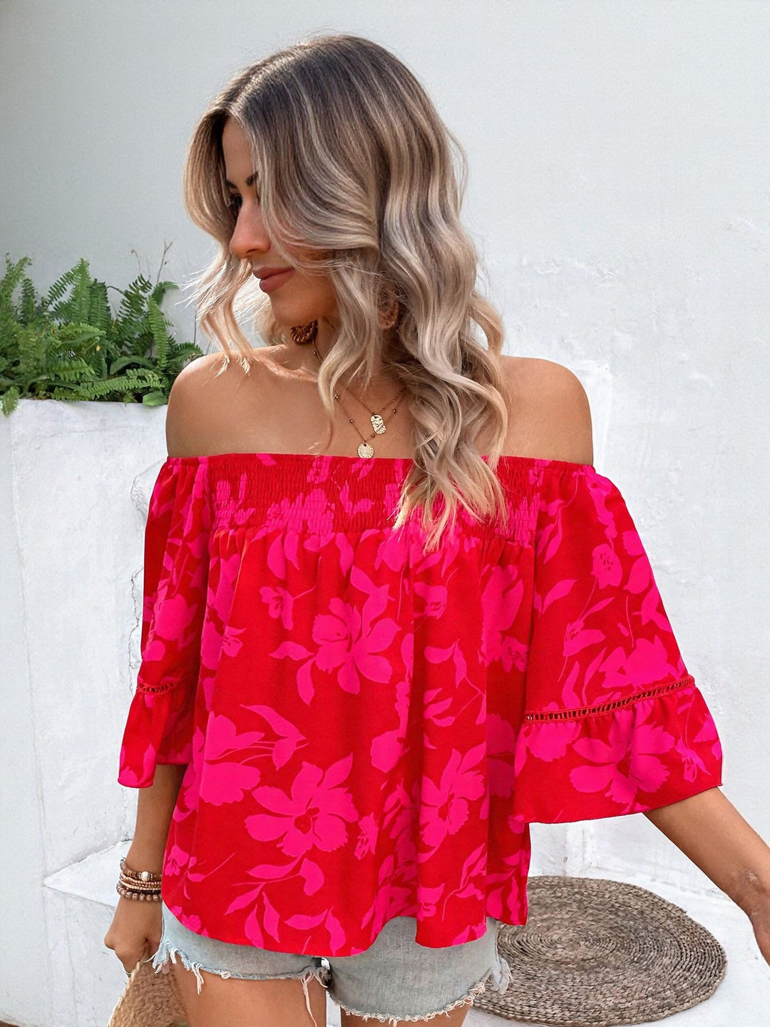 Red Off Shoulder Floral Print Top