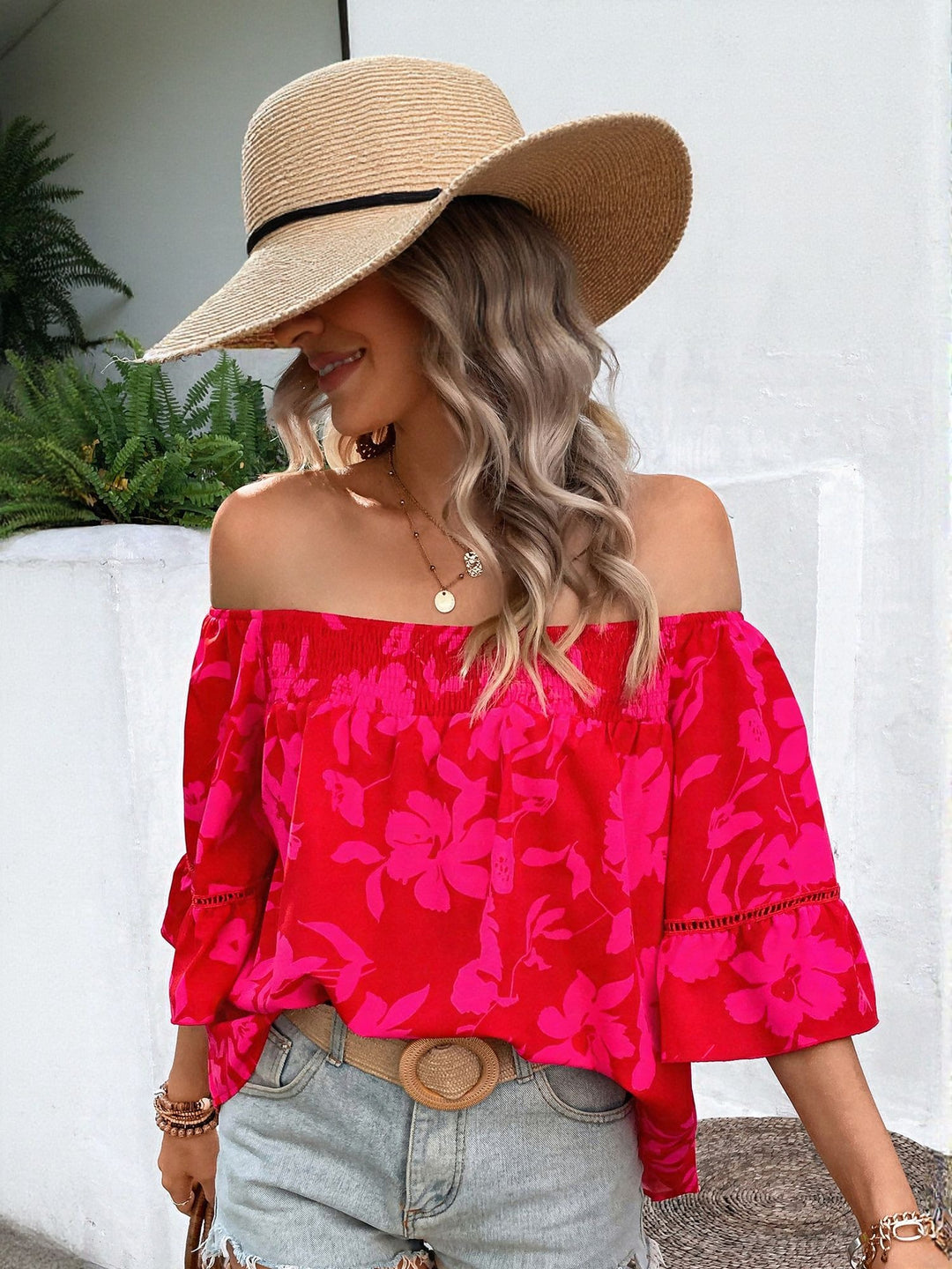 Red Off Shoulder Floral Print Top