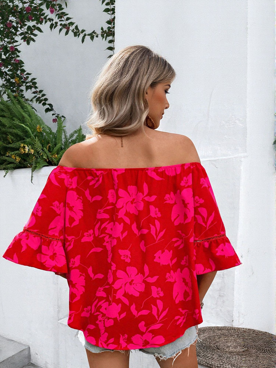 Red Off Shoulder Floral Print Top