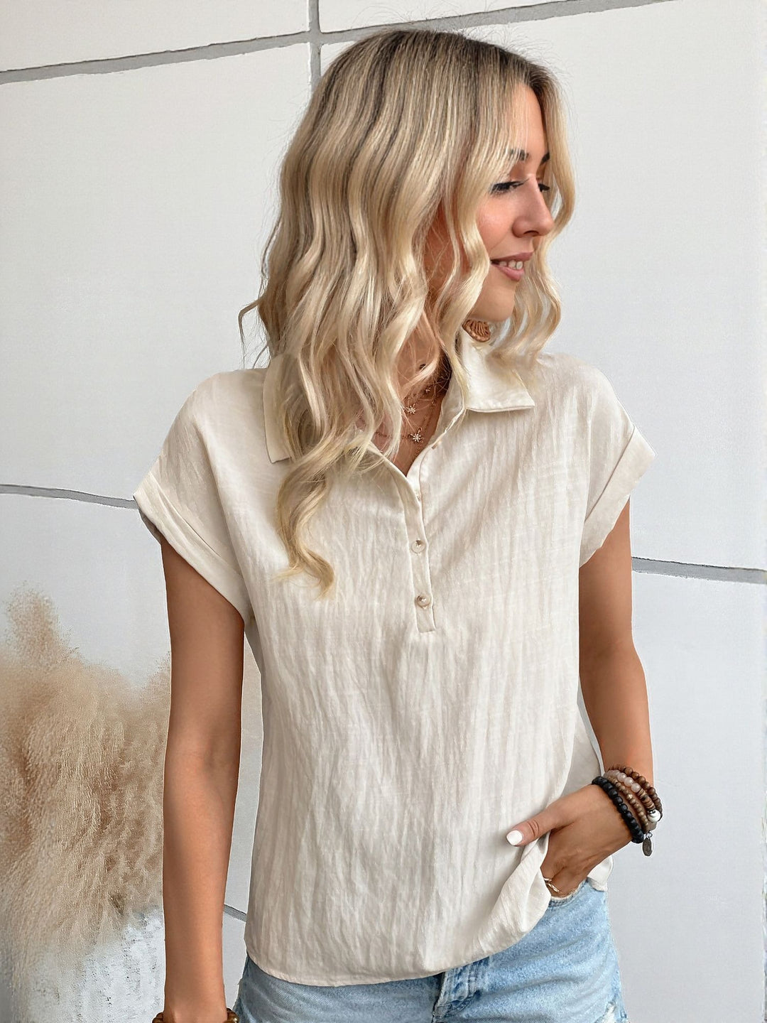 Off White Front Buttoned And Extended Sleeve Top