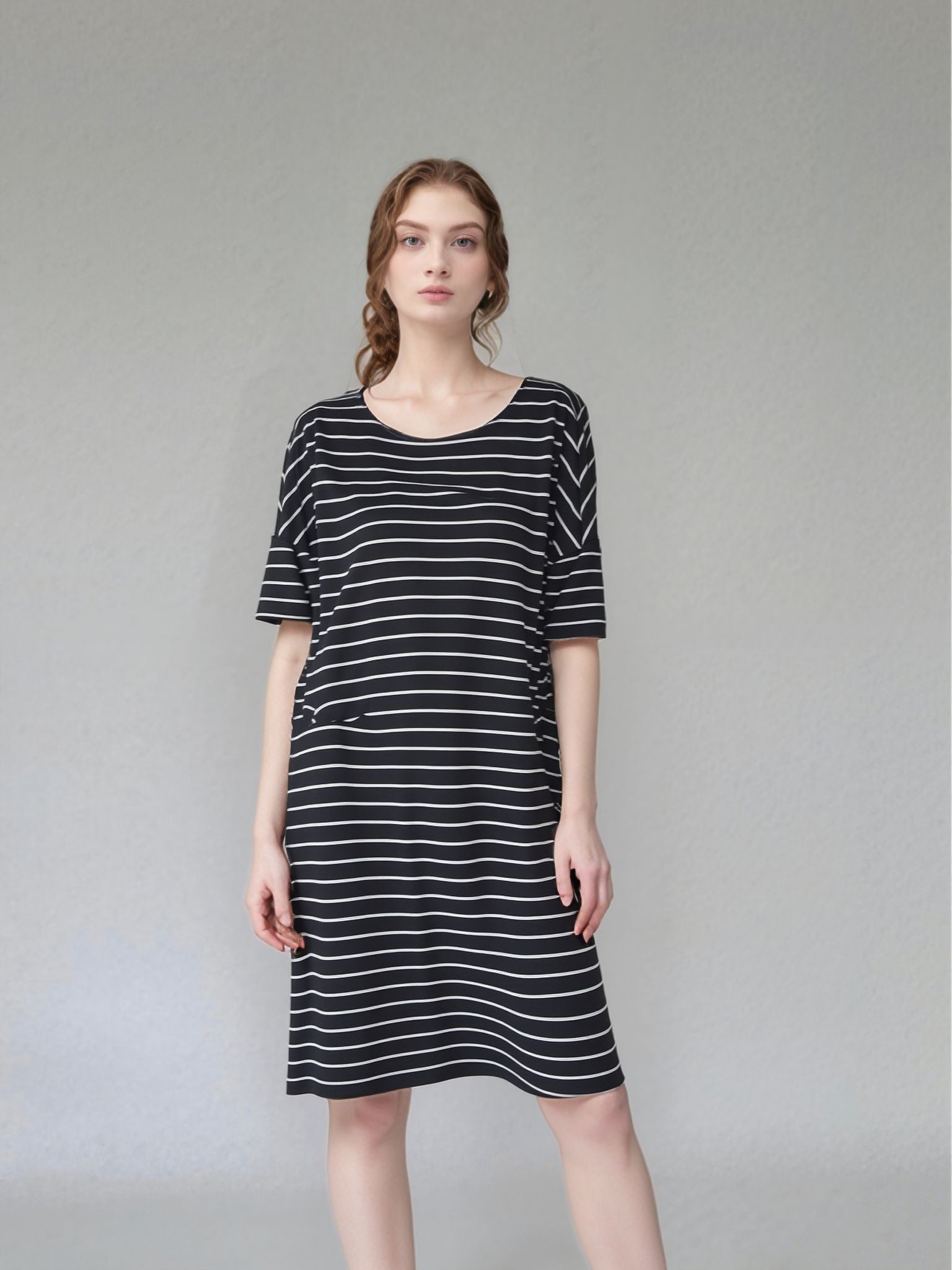 Black Stripe Half Sleeves Maxi Dress