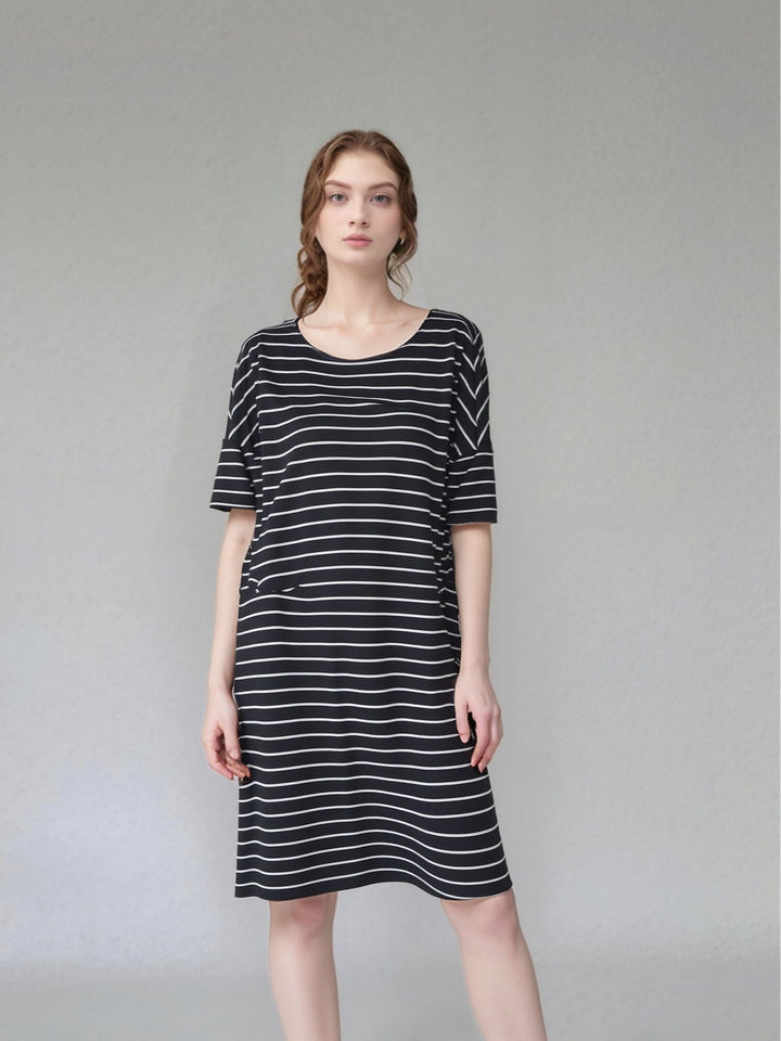 Black Stripe Half Sleeves Maxi Dress