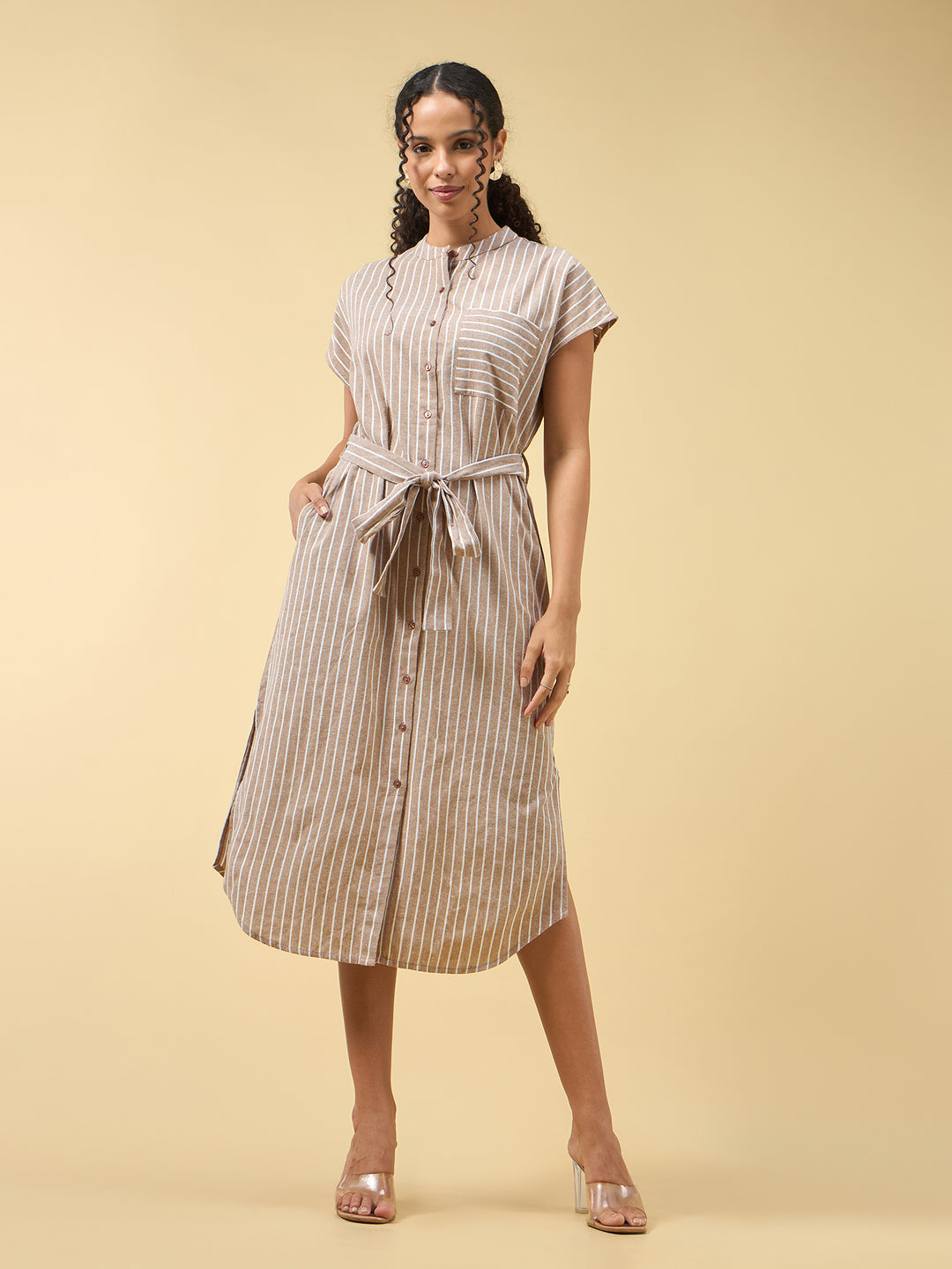 Beige Shirt Dress With Side Slits