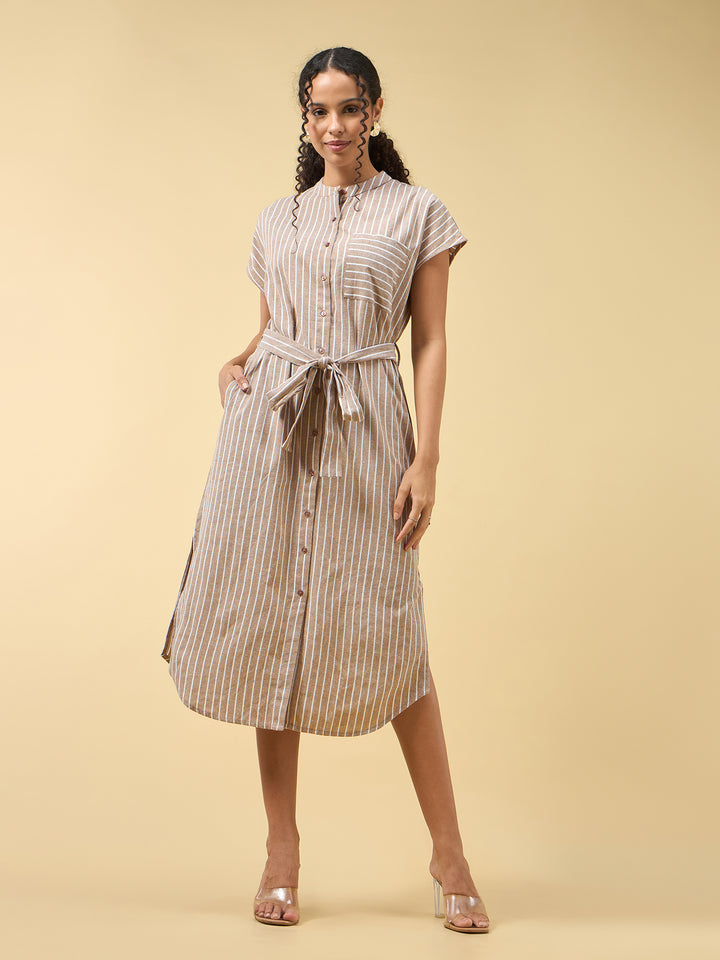 Beige Shirt Dress With Side Slits