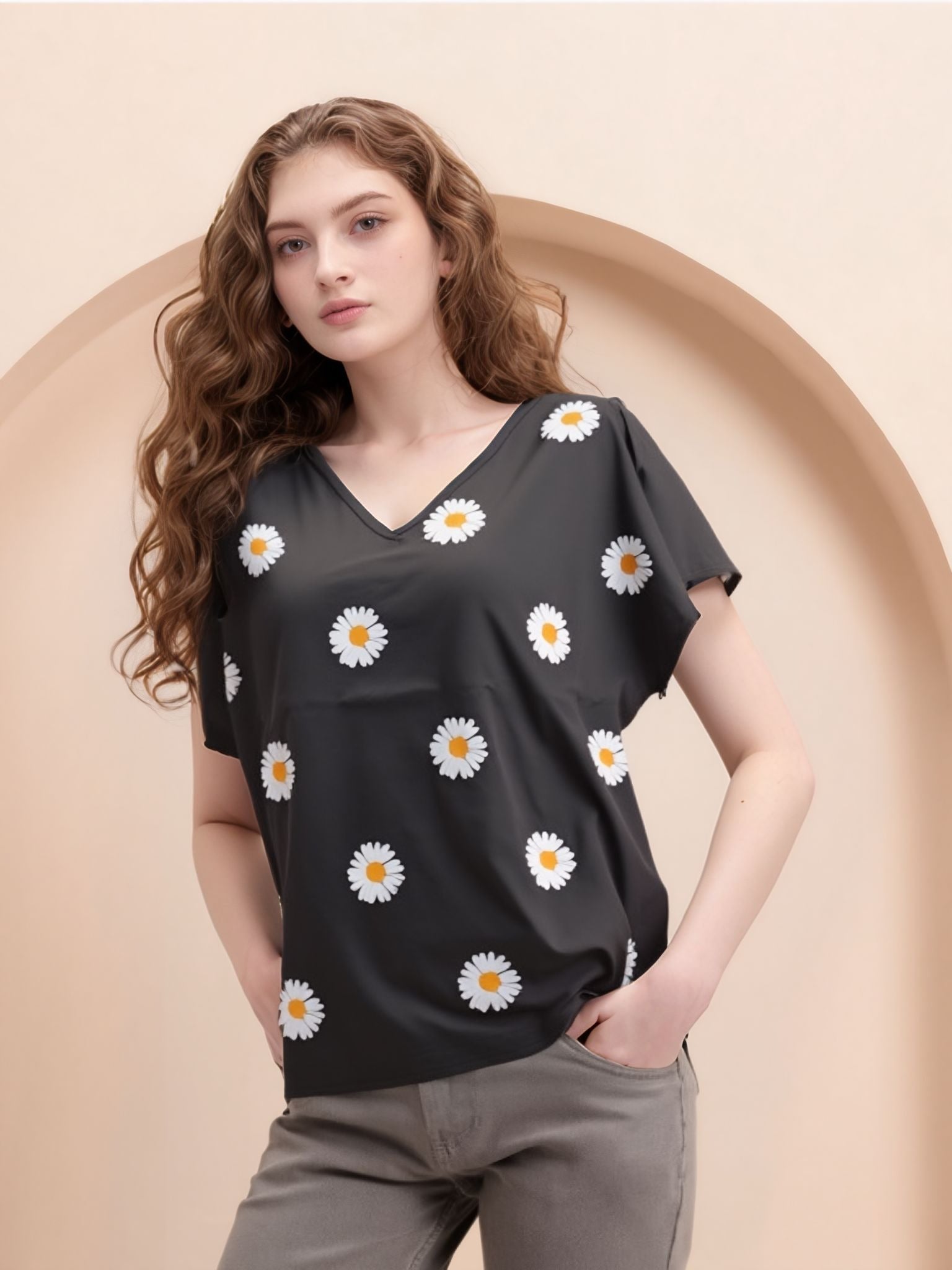 Black Floral Print Top