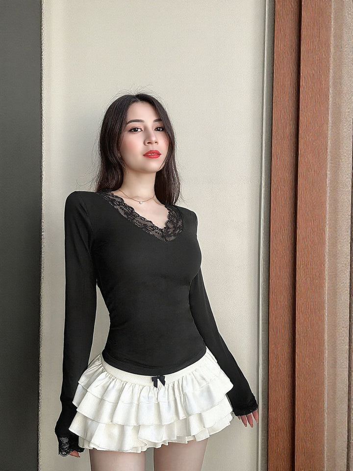 Black Lace Insert V Neck Top
