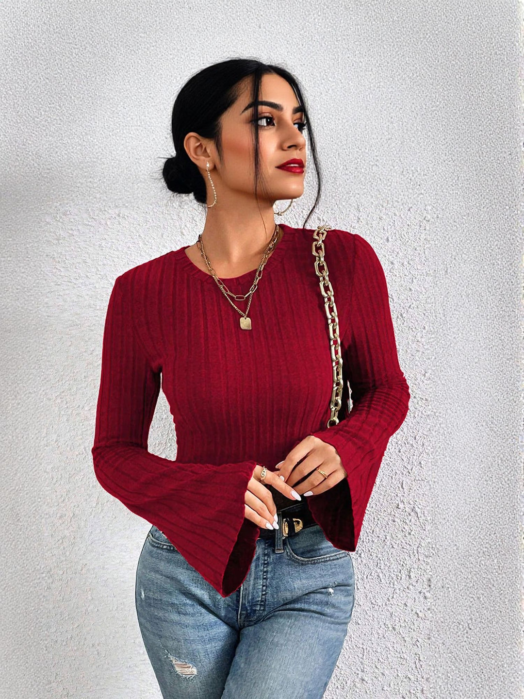 Wine Rib Bell Sleeves Round Neck Fitted Top
