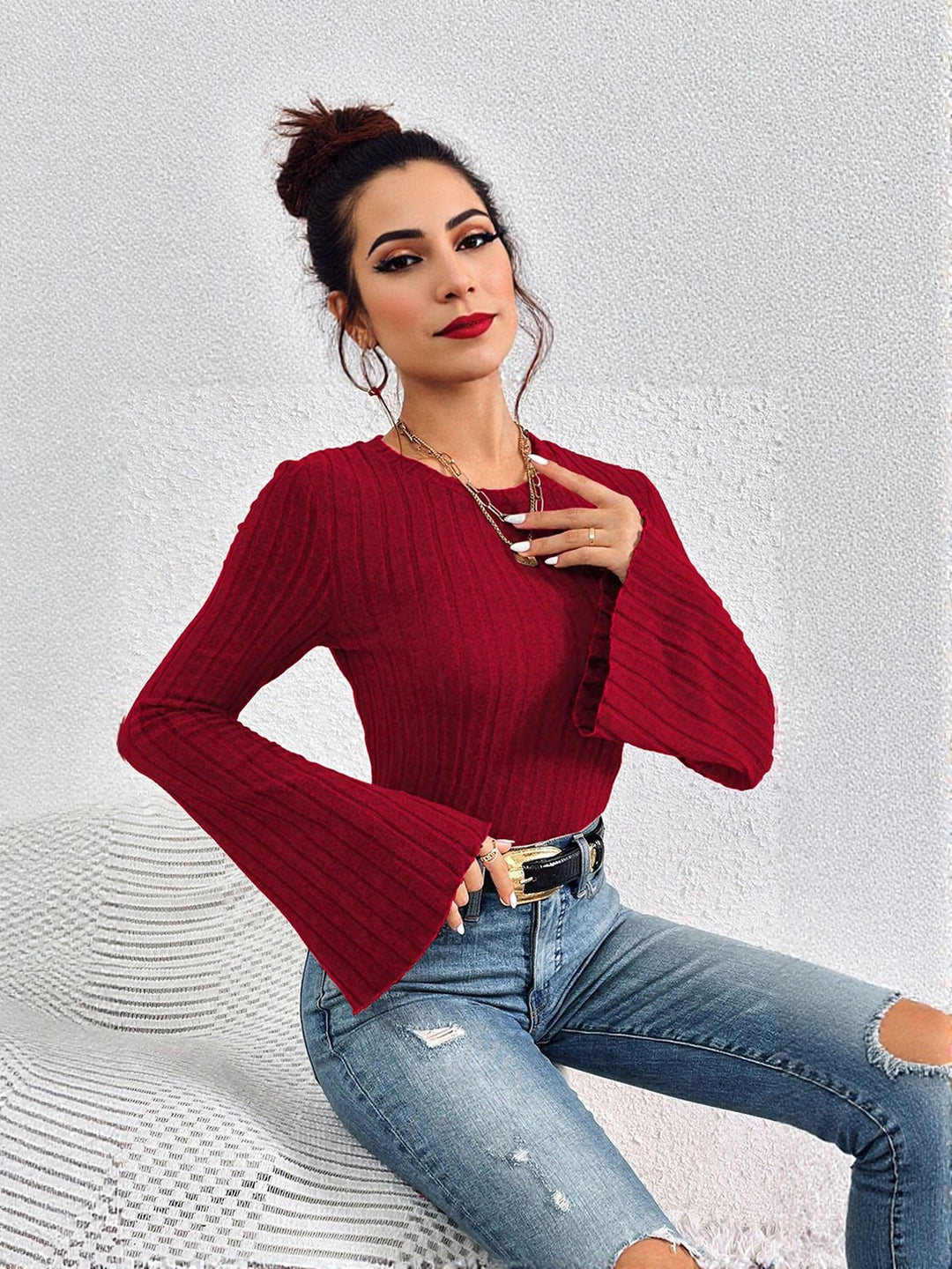 Wine Rib Bell Sleeves Round Neck Fitted Top