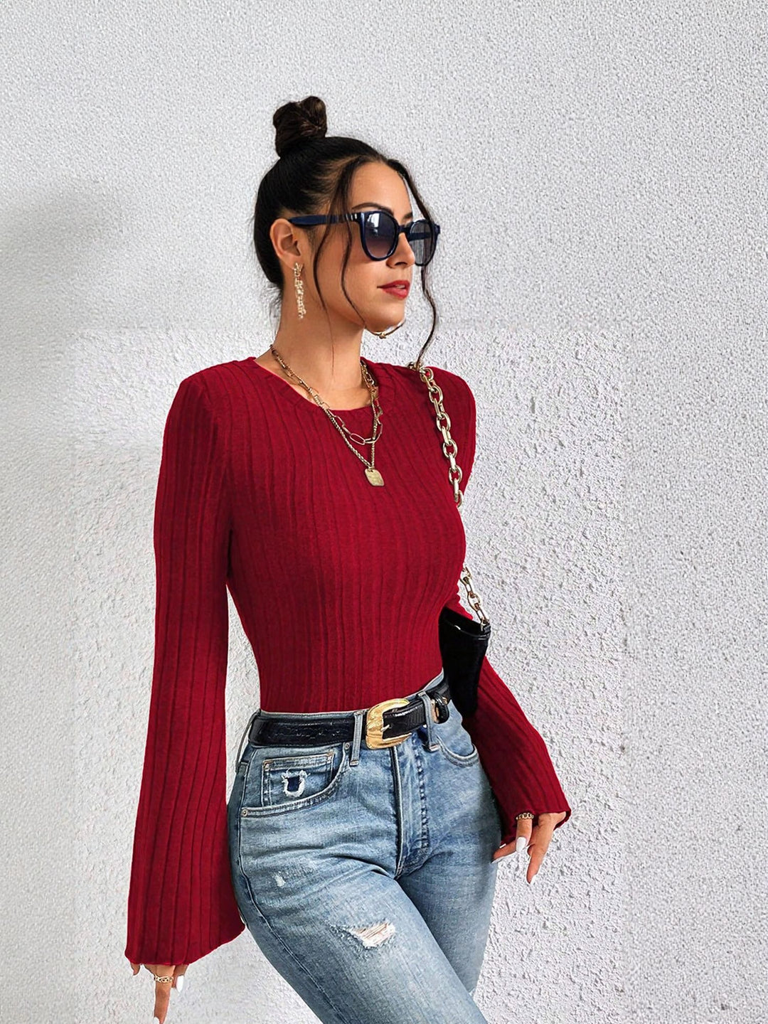 Wine Rib Bell Sleeves Round Neck Fitted Top
