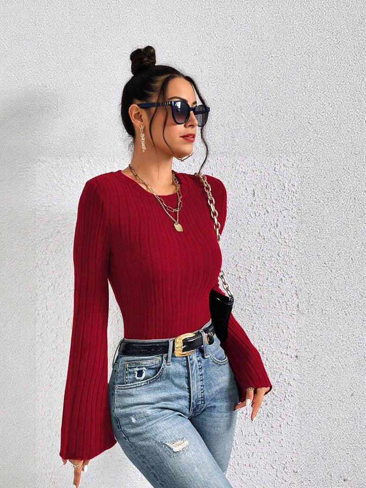 Wine Rib Bell Sleeves Round Neck Fitted Top