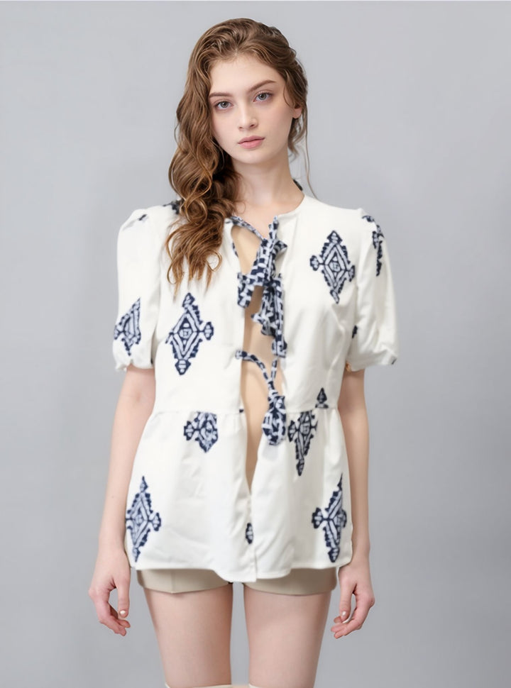 White Printed Front Tie Up Peplum Top
