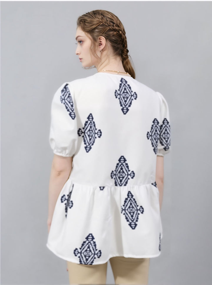 White Printed Front Tie Up Peplum Top