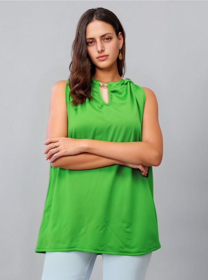 Green Sleeveless Metal Trim Top