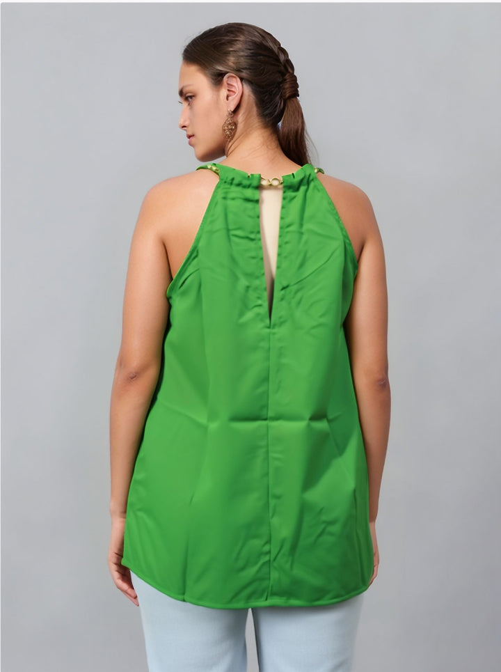 Green Sleeveless Metal Trim Top