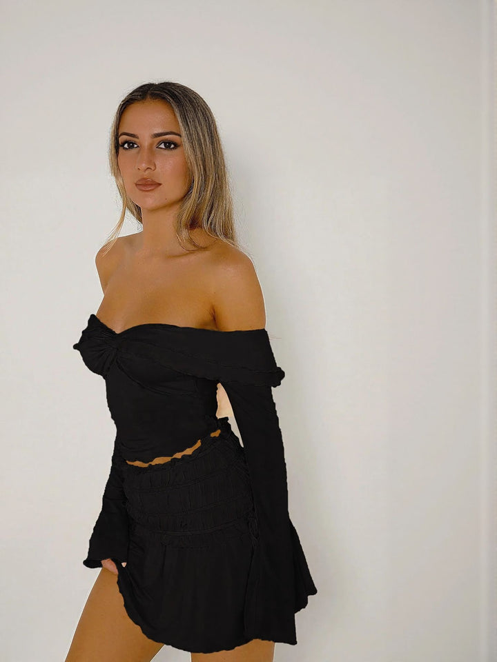 Black Off Shoulder Knit Top With Front Twist Detail