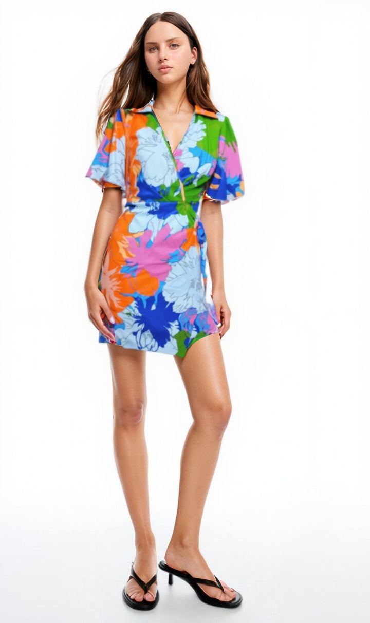 Blue Abstract Print Wrap Dress