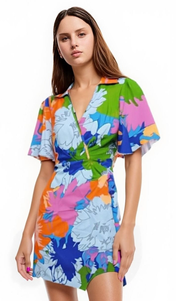 Blue Abstract Print Wrap Dress